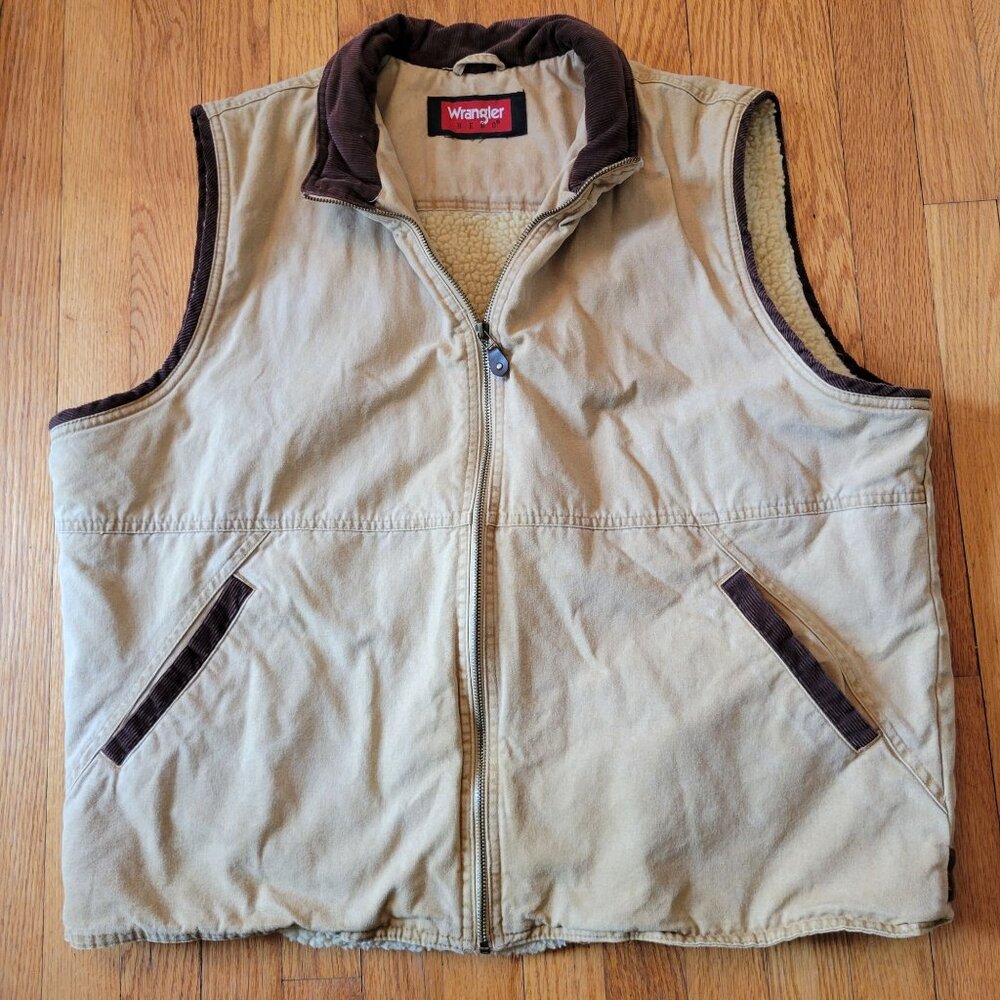 Wrangler Hero Sherpa Lined Tan Canvas Vest‎ XL Work Barn Chores Layering Winter